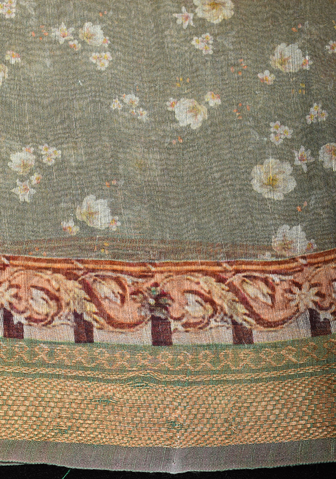 Aqua Silk Linen Saree with Floral Digital Print | Shobitam