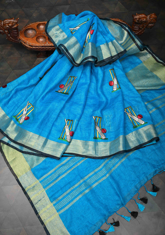Cricket Set Theme : Blue Pure Linen by Linen Saree with Embroidery and Zari Border