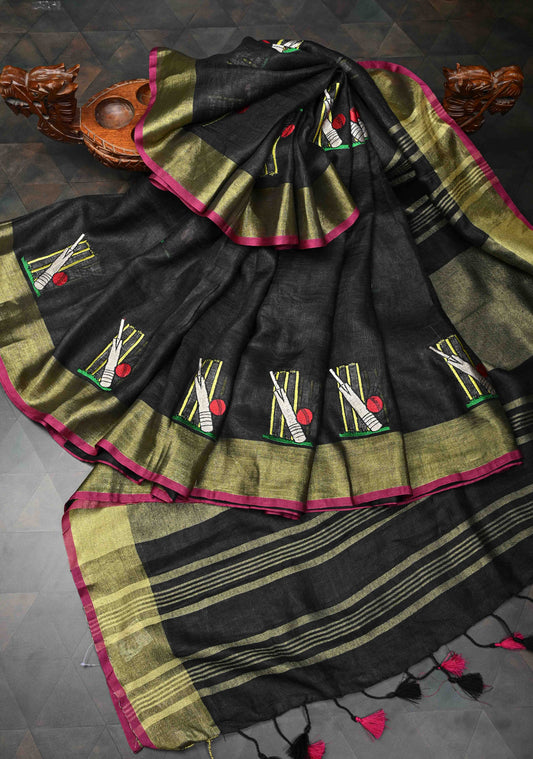 Cricket Set Theme : Charcoal Black Pure Linen by Linen Saree with Embroidery and Zari Border