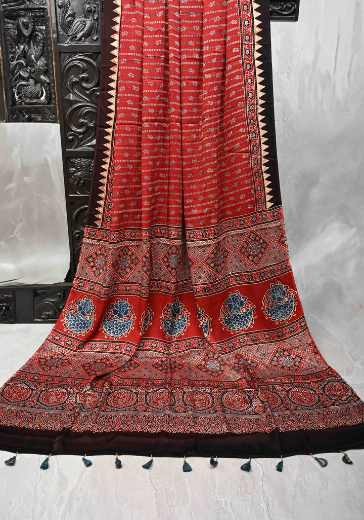 Brick Red Ajrakh Modal Silk Saree with Floral & Leaf Hand Block Print