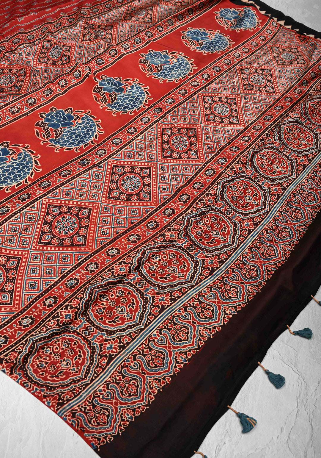 Brick Red Ajrakh Modal Silk Saree with Floral & Leaf Hand Block Print