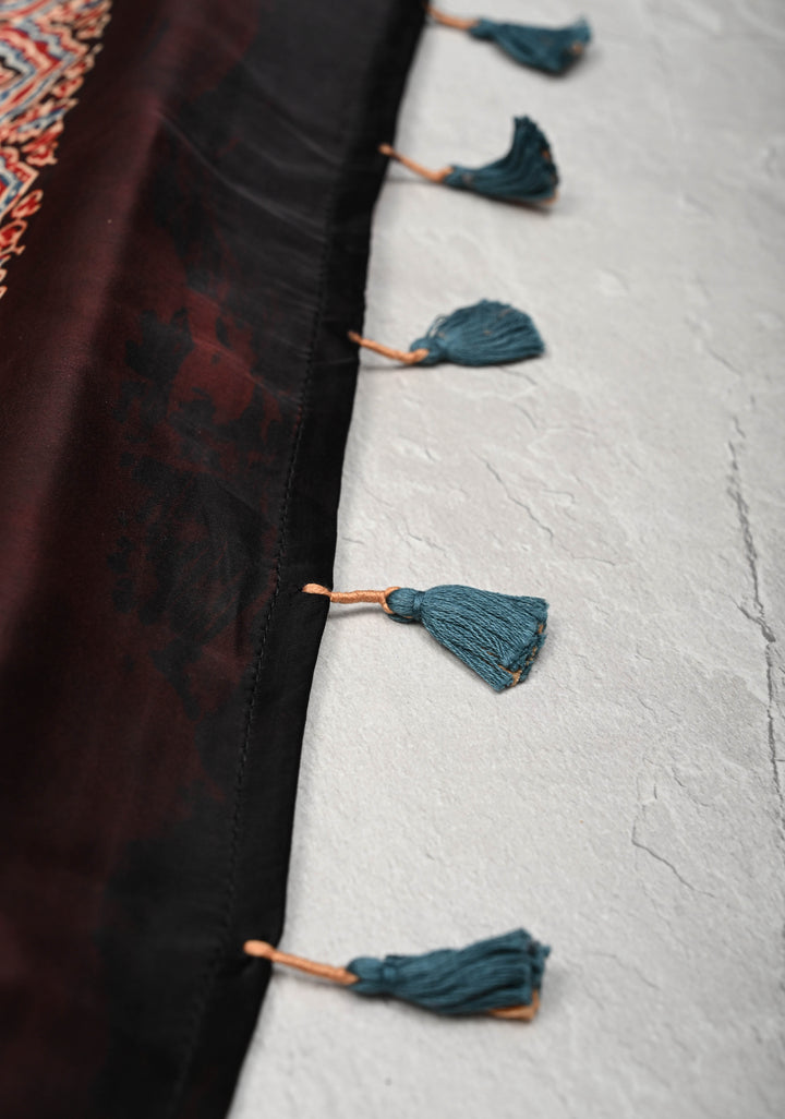 Brick Red Ajrakh Modal Silk Saree with Floral & Leaf Hand Block Print