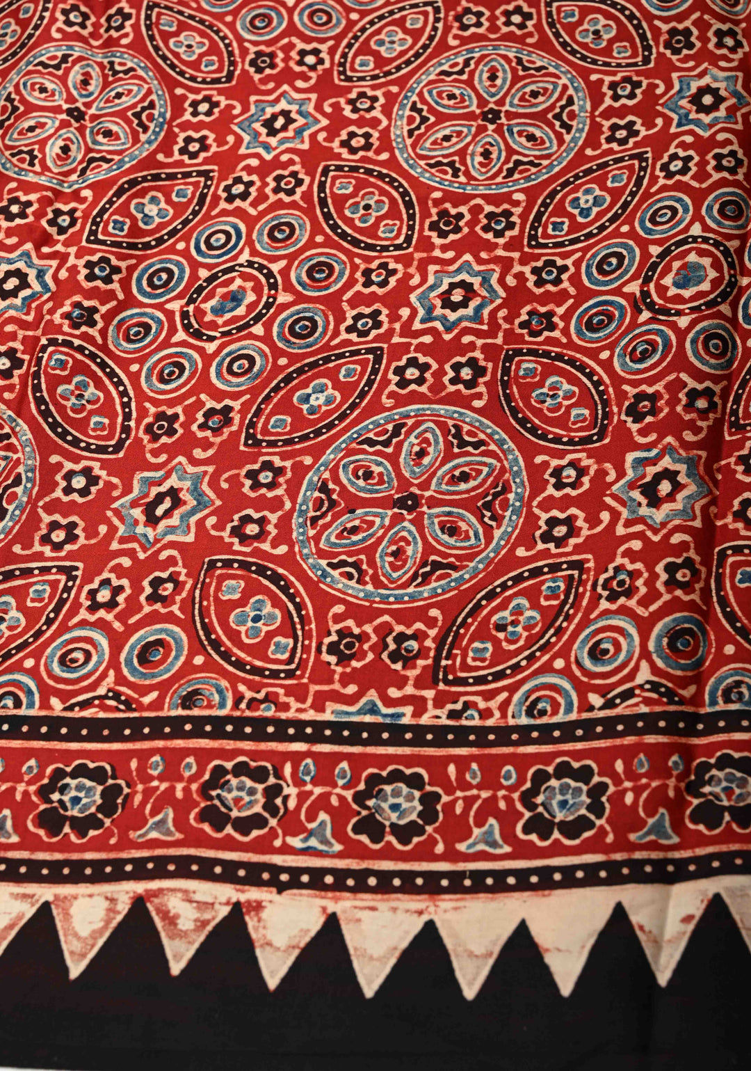 Brick Red Ajrakh Modal Silk Saree with Floral & Leaf Hand Block Print