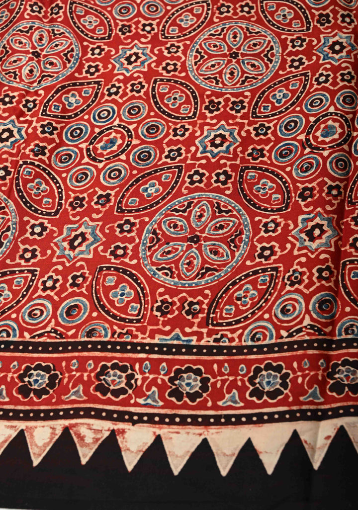 Brick Red Ajrakh Modal Silk Saree with Floral & Leaf Hand Block Print