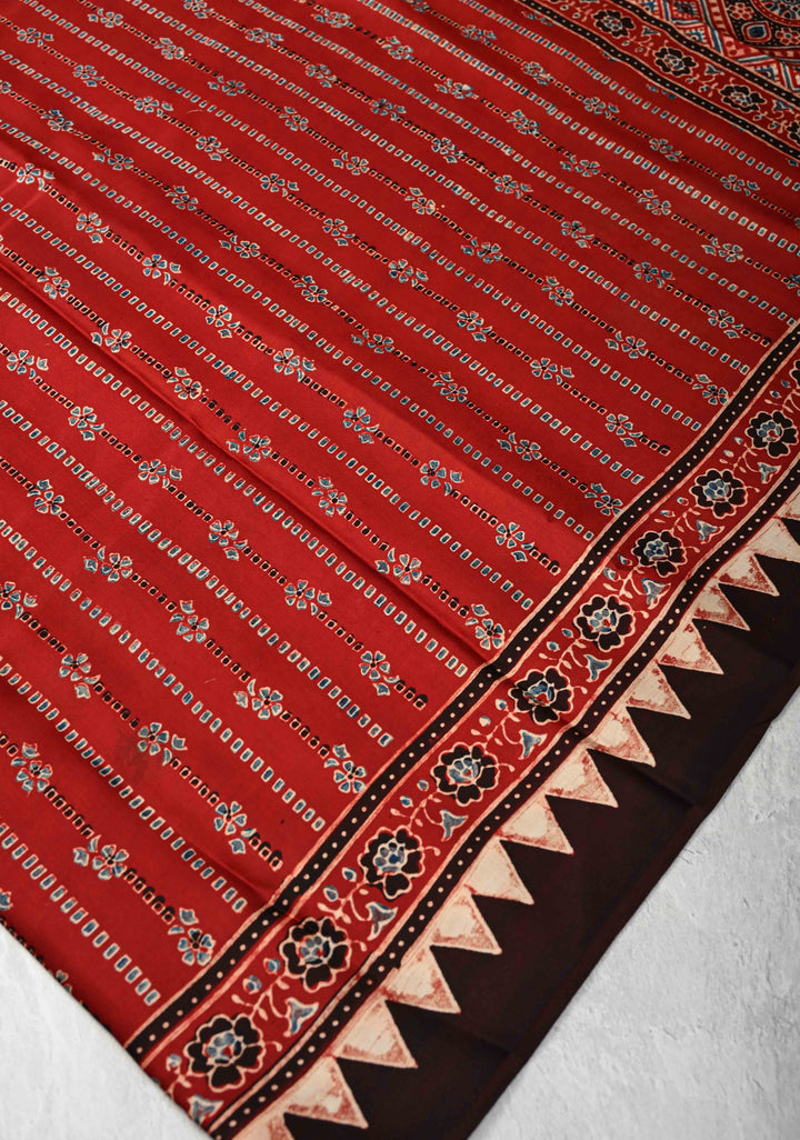 Brick Red Ajrakh Modal Silk Saree with Floral & Leaf Hand Block Print