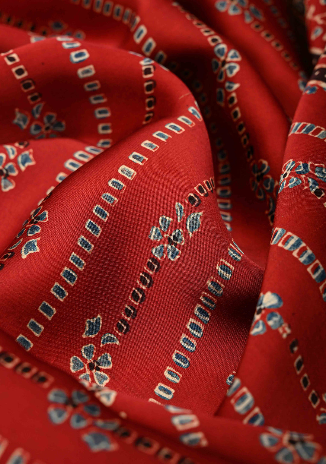 Brick Red Ajrakh Modal Silk Saree with Floral & Leaf Hand Block Print