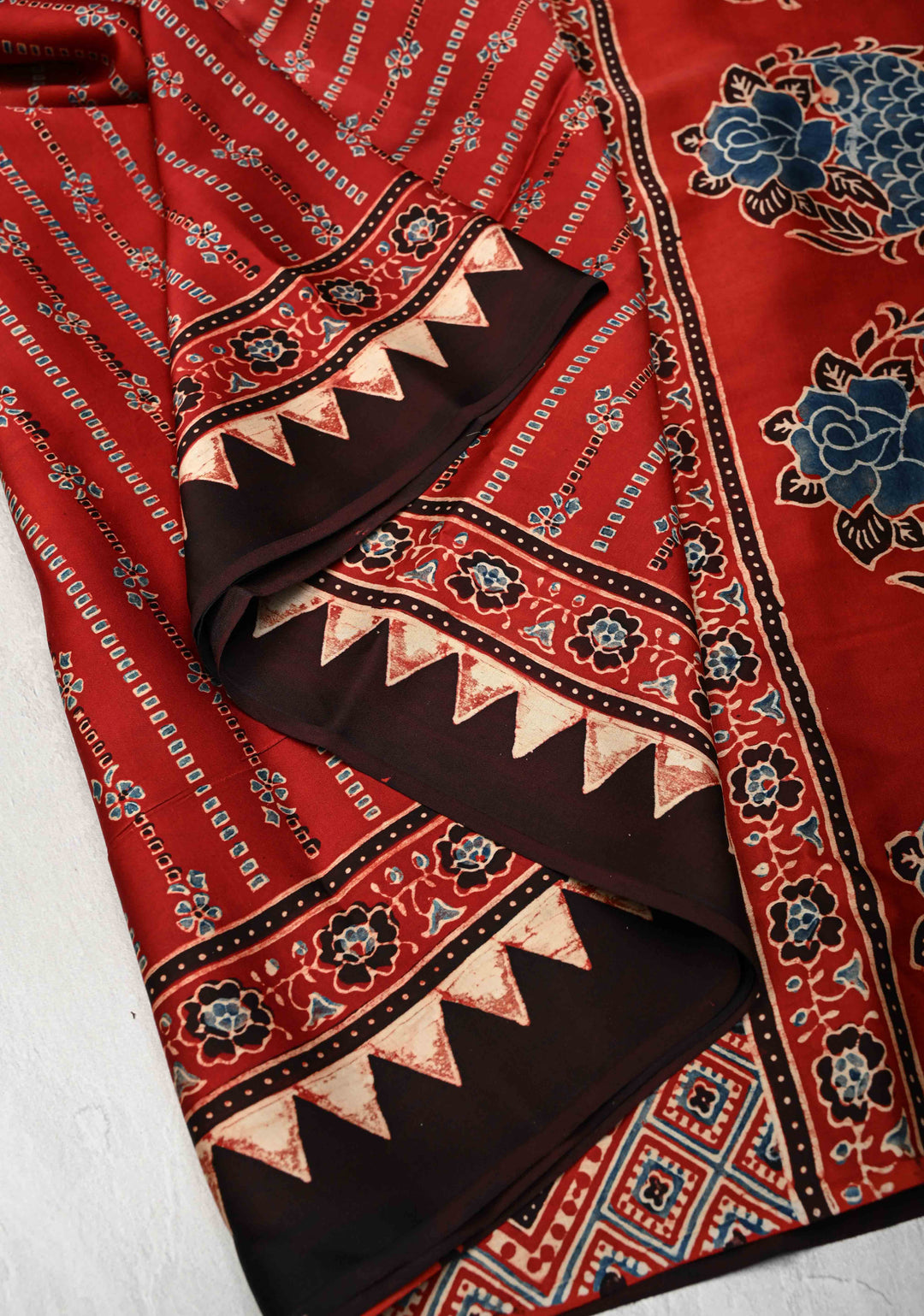 Brick Red Ajrakh Modal Silk Saree with Floral & Leaf Hand Block Print