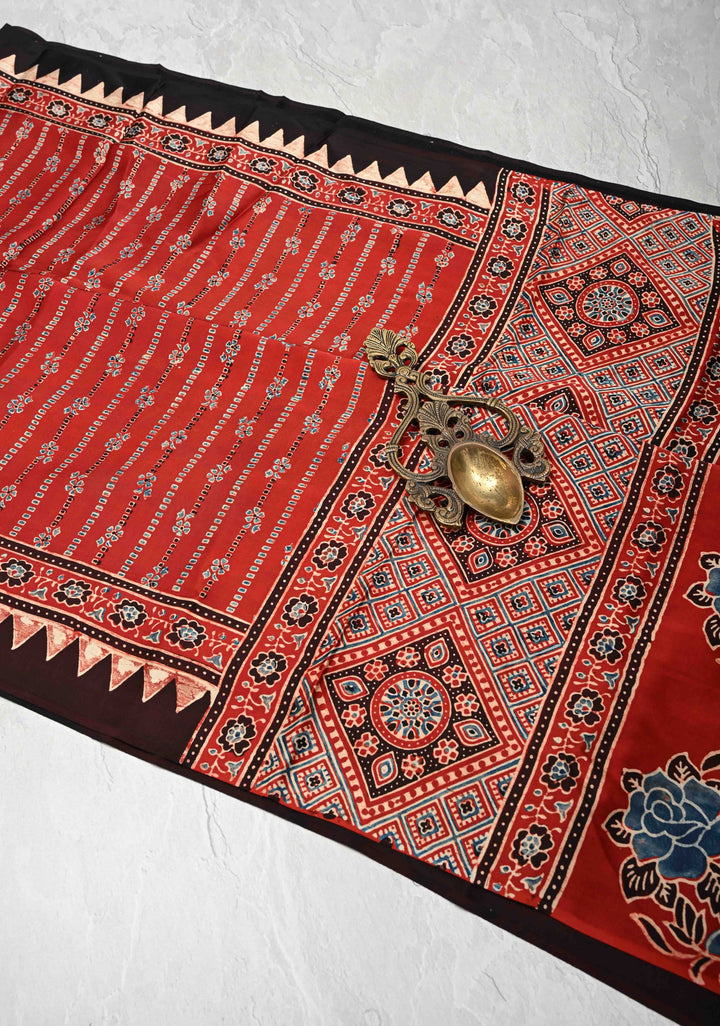 Brick Red Ajrakh Modal Silk Saree with Floral & Leaf Hand Block Print