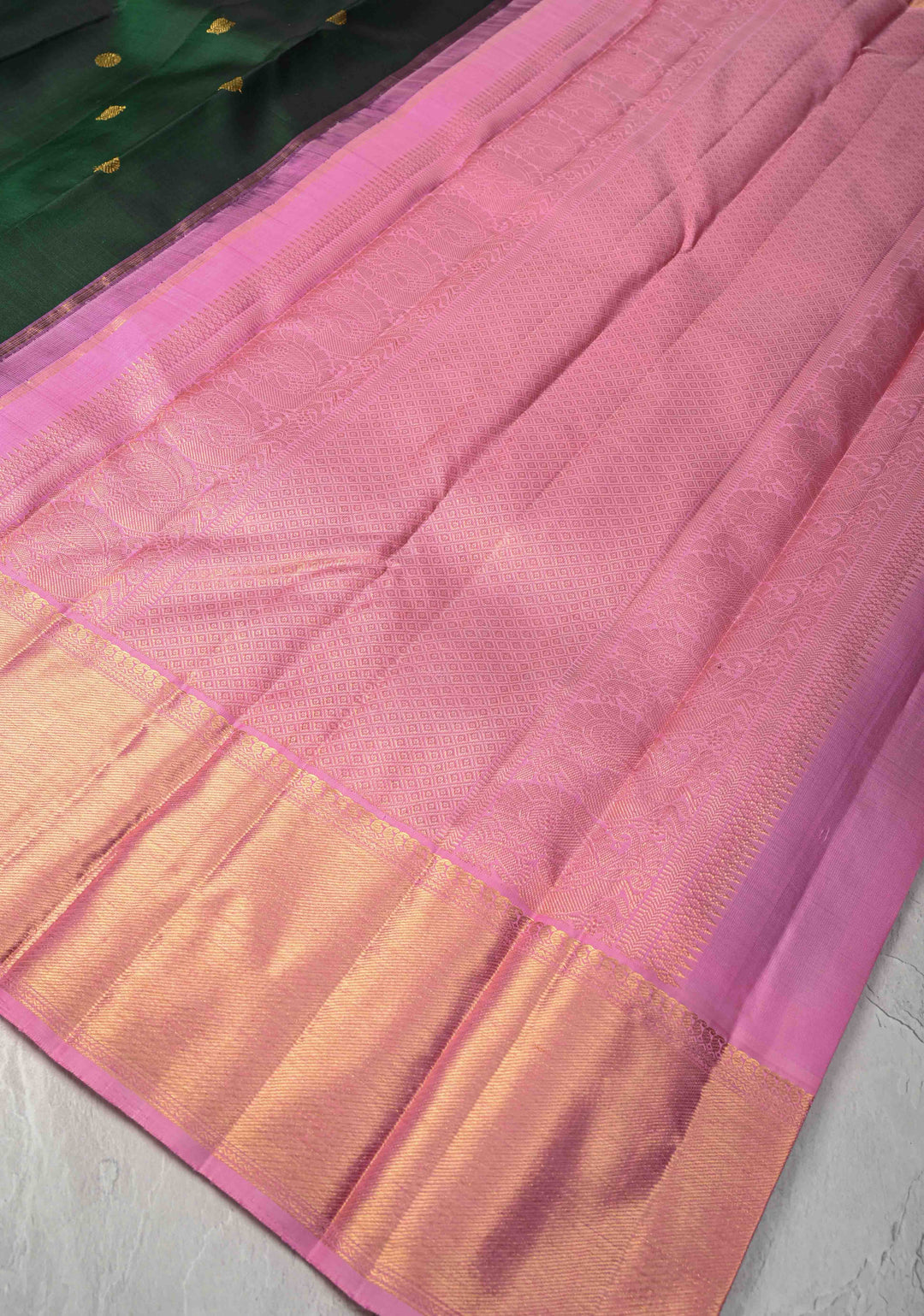 Dark Green Korvai Kanjivaram Pure Silk Saree with Zari Buttas and Contrast Zari Border | SILK MARK CERTIFIED