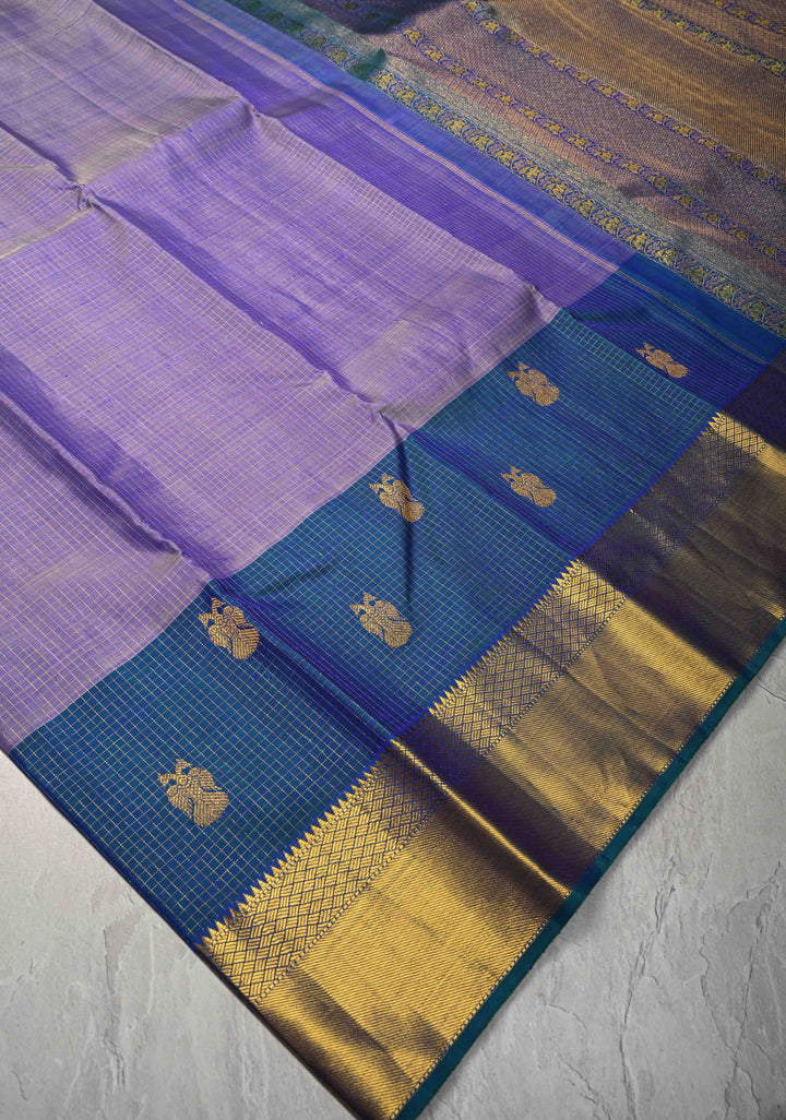 Heritage Podi Kattam Zari checks and Gandaberunda Buttas on Lilac Blue Pure Silk Kanjivaram Saree | Silk Mark Certified