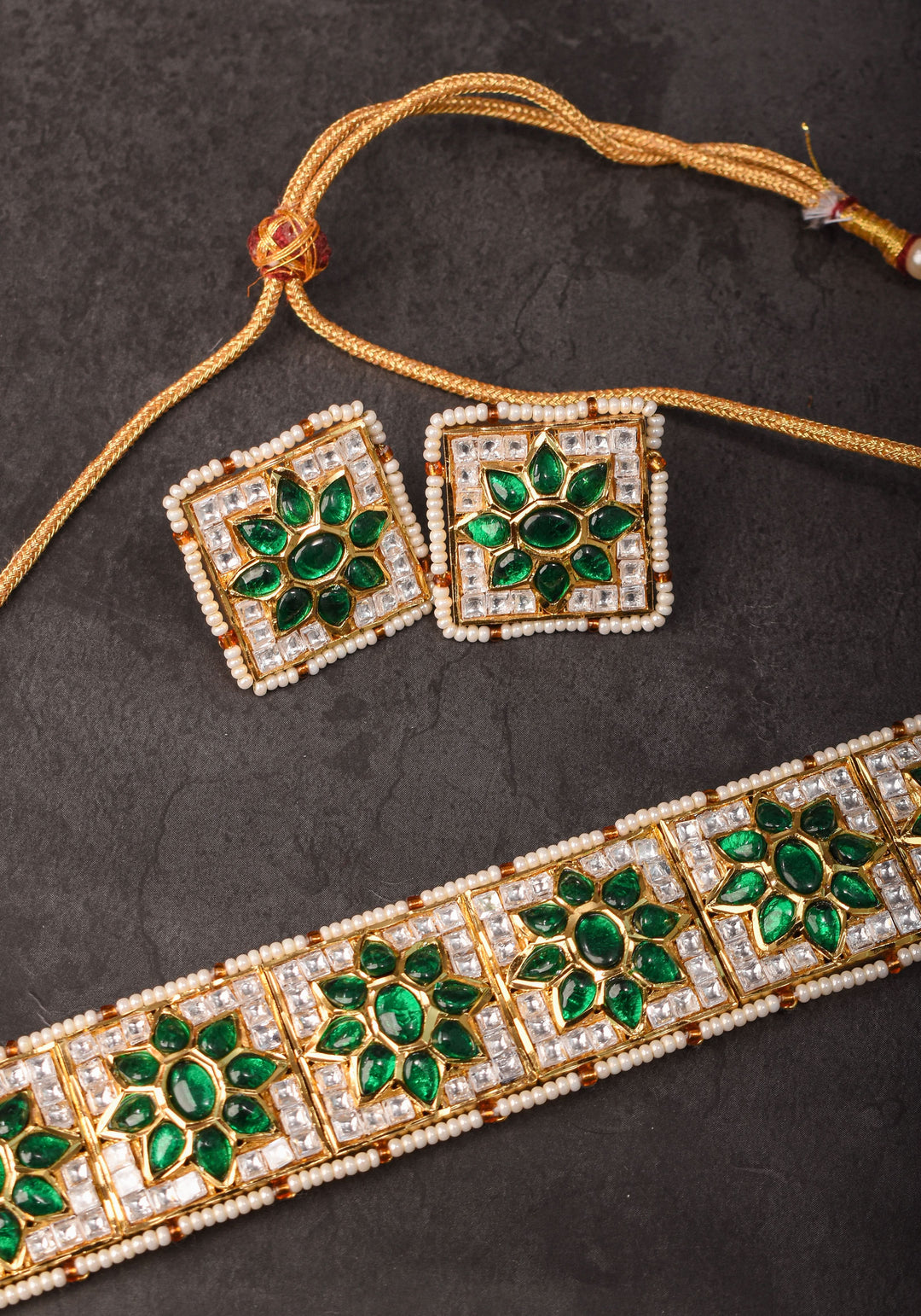 Ahmedabadi Jadau Choker Set in White & Green  Stones | Shobitam Jewelry
