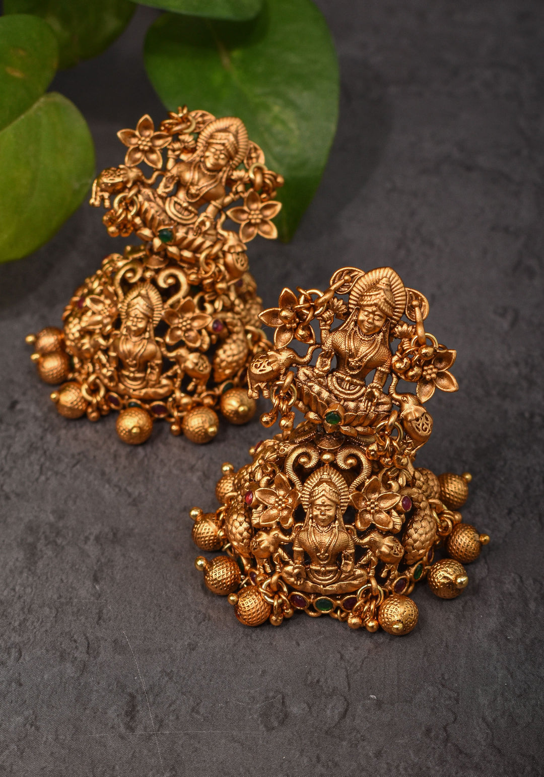 Antique Dark Gold Tone Lakshmi Design Prominent Jhumka earrings