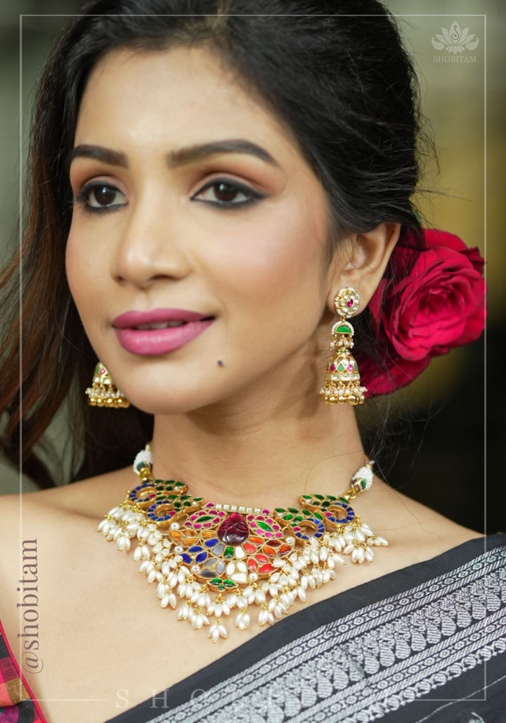 Exquisite Navaratna Vintage Design Necklace with dangling Rice Pearls, NECKLACE ONLY | Shobitam