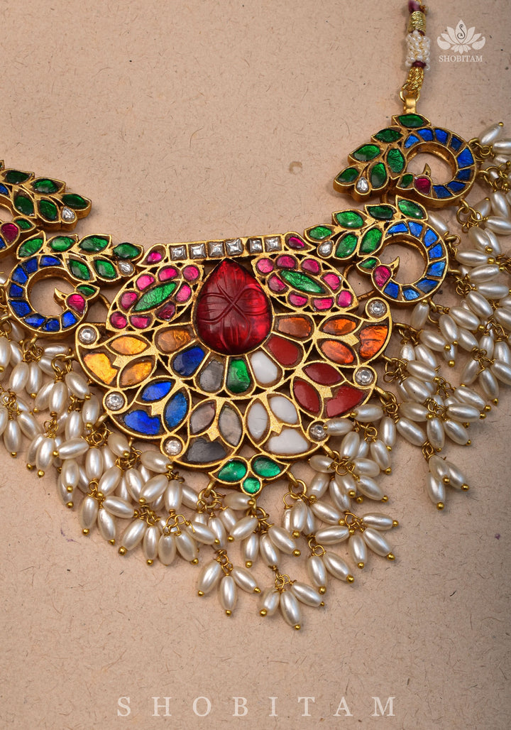 Exquisite Navaratna Vintage Design Necklace with dangling Rice Pearls, NECKLACE ONLY | Shobitam