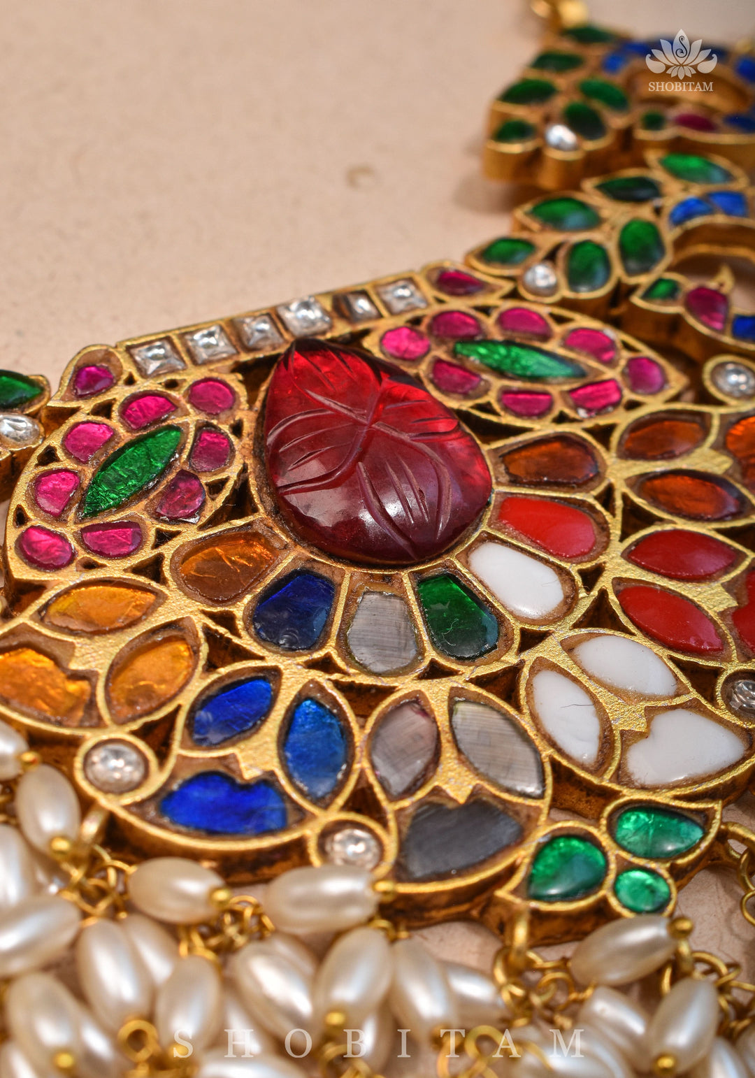 Exquisite Navaratna Vintage Design Necklace with dangling Rice Pearls, NECKLACE ONLY | Shobitam