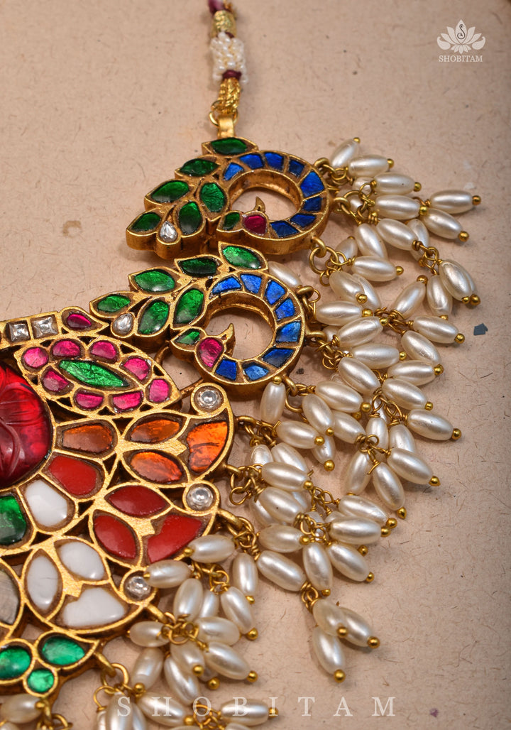 Exquisite Navaratna Vintage Design Necklace with dangling Rice Pearls, NECKLACE ONLY | Shobitam