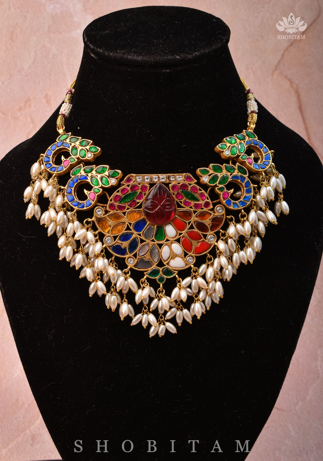 Exquisite Navaratna Vintage Design Necklace with dangling Rice Pearls, NECKLACE ONLY | Shobitam
