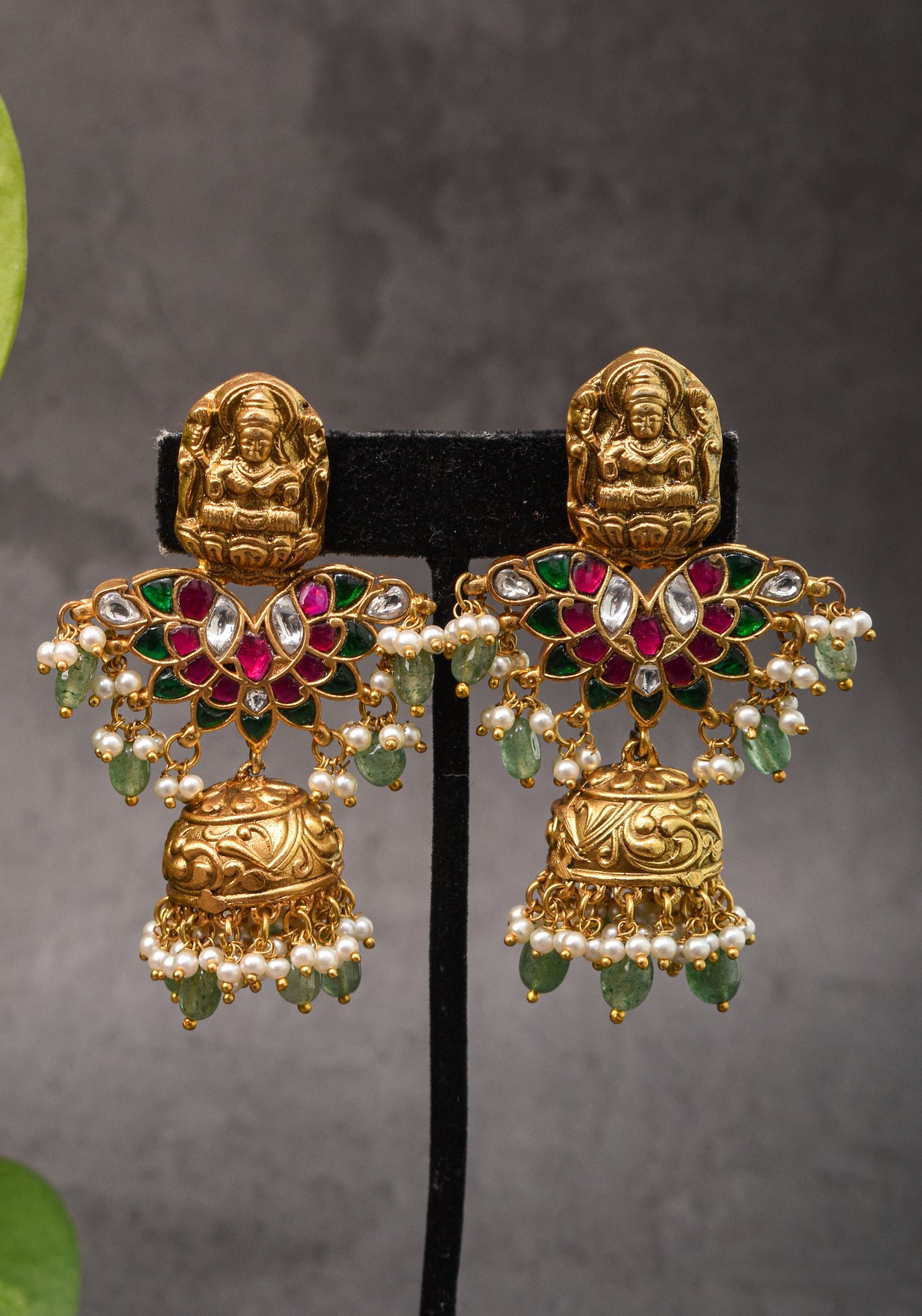Amazing Lakshmi Temple Design Gold Plated Jhumki Earrings With Full Ruby  Stones ER1727