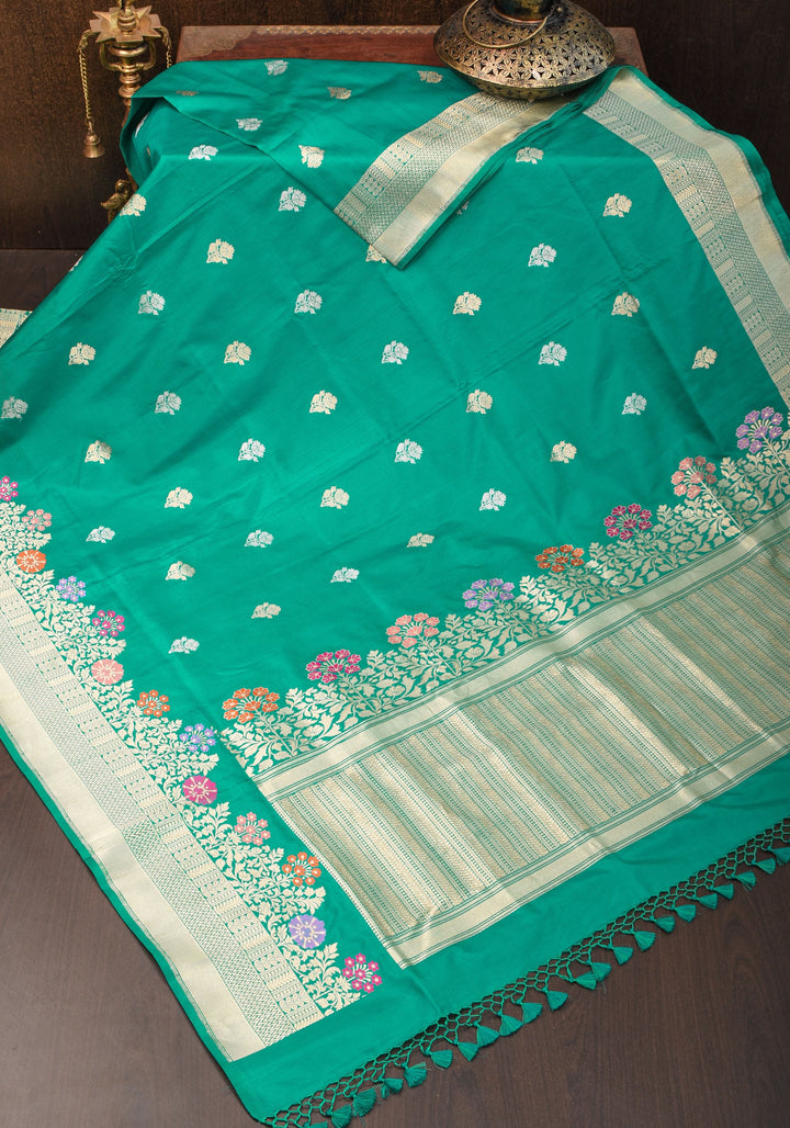 Rama Green Pure Banarasi Silk Saree with Meenakari border and Intricate Pallu and Unique Zari Borders | SILK MARK CERTIFIED