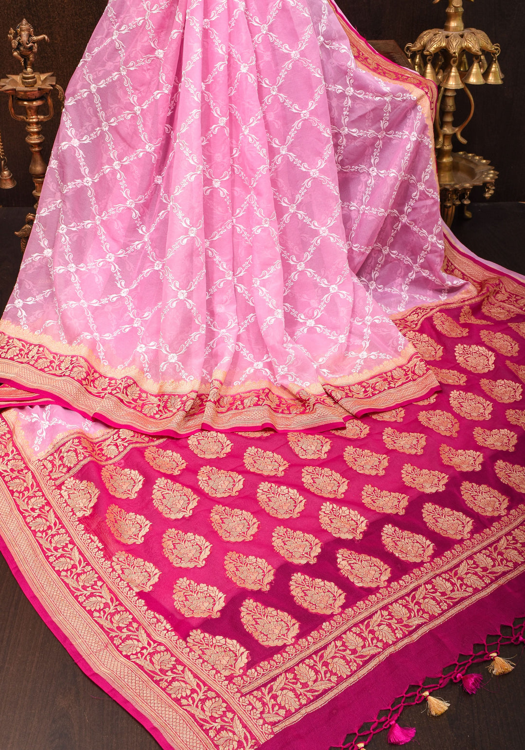 Outlet Chinar Design Kashmiri Aari Embroidery Saree in Pink | Sarees by Shobitam