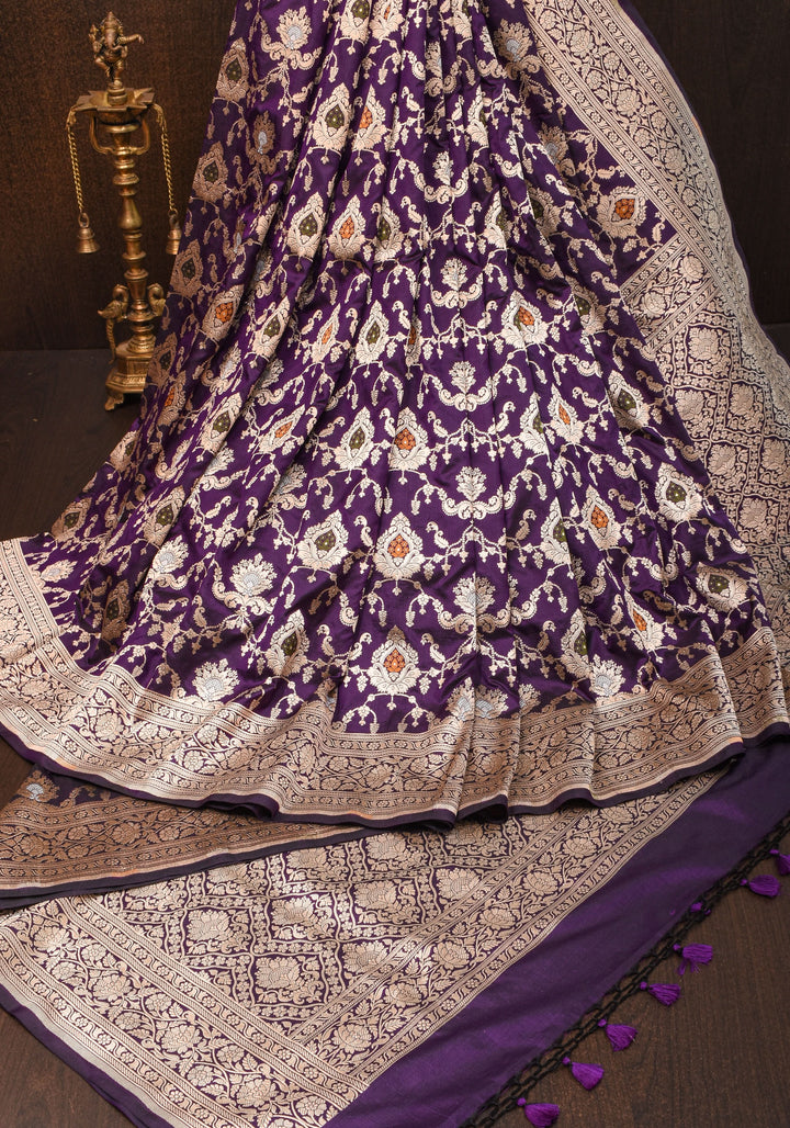 Purple Exquisite Meenakari floral Jaal Banarasi katan Silk Saree With Zari Border | SILK MARK CERTIFIED