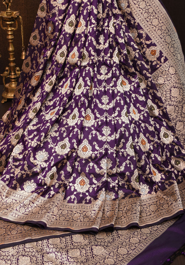 Purple Exquisite Meenakari floral Jaal Banarasi katan Silk Saree With Zari Border | SILK MARK CERTIFIED