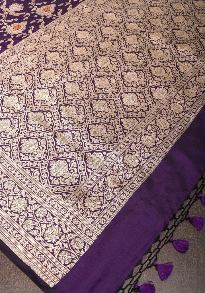Purple Exquisite Meenakari floral Jaal Banarasi katan Silk Saree With Zari Border | SILK MARK CERTIFIED