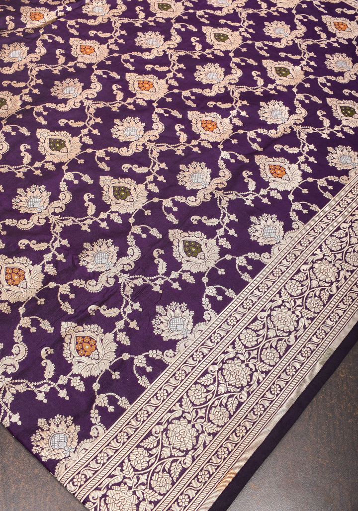 Purple Exquisite Meenakari floral Jaal Banarasi katan Silk Saree With Zari Border | SILK MARK CERTIFIED