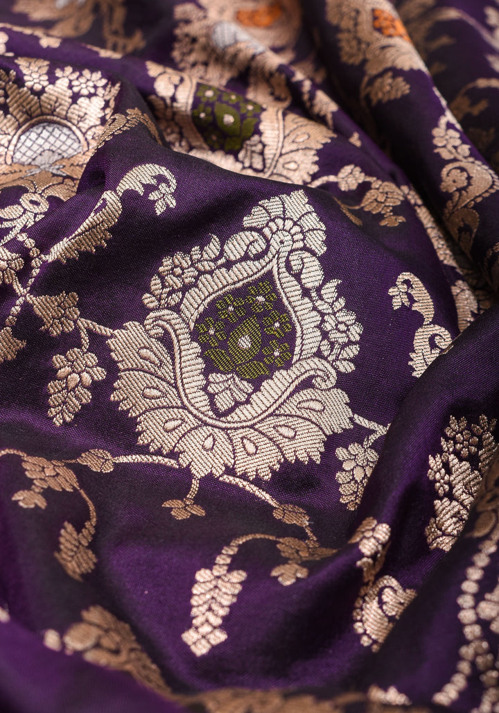 Purple Exquisite Meenakari floral Jaal Banarasi katan Silk Saree With Zari Border | SILK MARK CERTIFIED