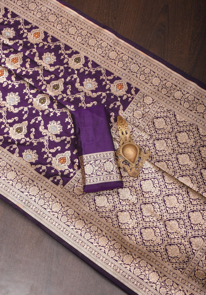 Purple Exquisite Meenakari floral Jaal Banarasi katan Silk Saree With Zari Border | SILK MARK CERTIFIED