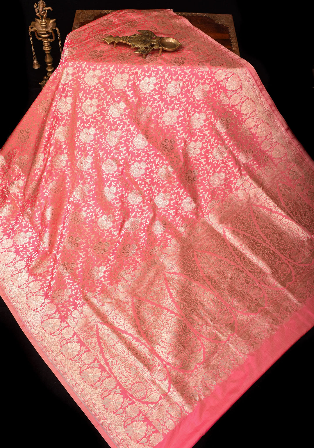Rose Pink Banarasi Katan Silk Saree with Zari Floral Jaal and Zari Border  | SILK MARK CERTIFIED