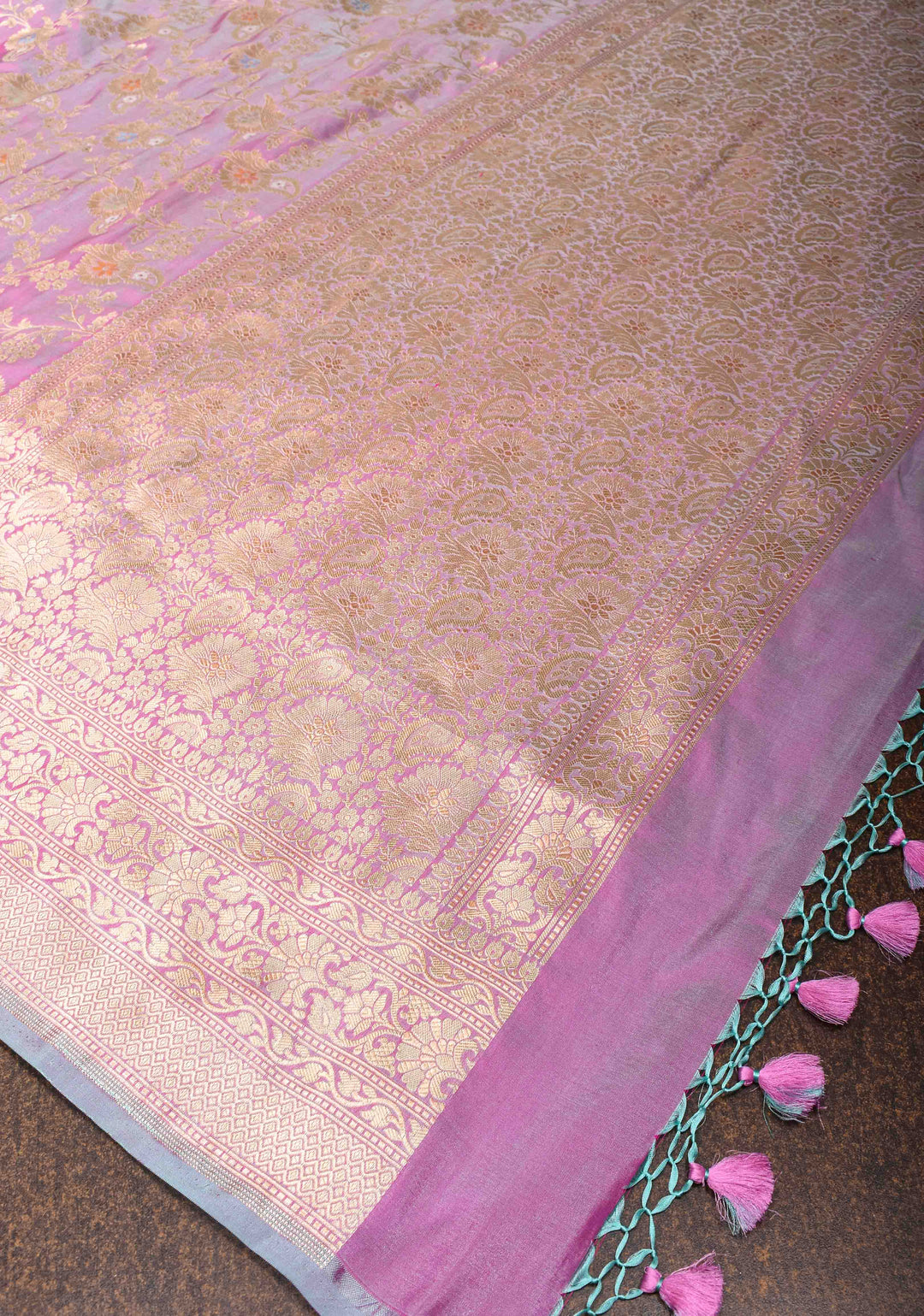 Lilac Dual Tone Katan Silk Saree with Meenakari Floral Jaal and Zari Border | SILK MARK CERTIFIED | Shobitam
