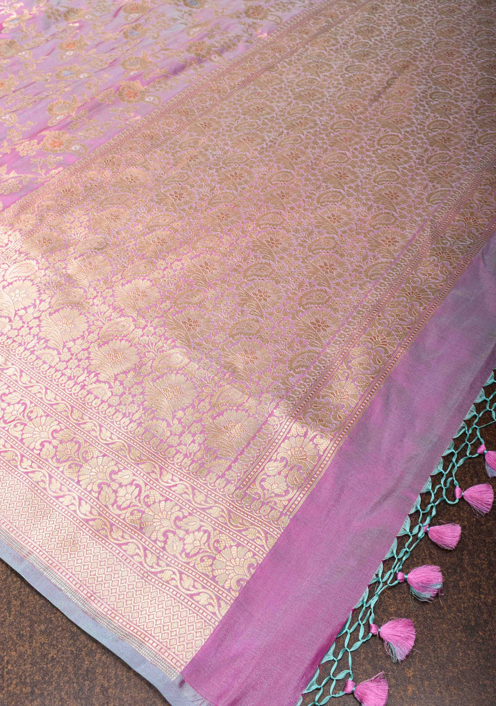 Lilac Dual Tone Katan Silk Saree with Meenakari Floral Jaal and Zari Border | SILK MARK CERTIFIED | Shobitam
