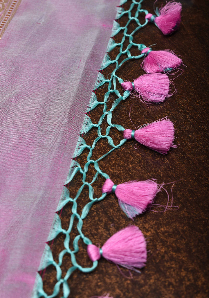 Lilac Dual Tone Katan Silk Saree with Meenakari Floral Jaal and Zari Border | SILK MARK CERTIFIED | Shobitam