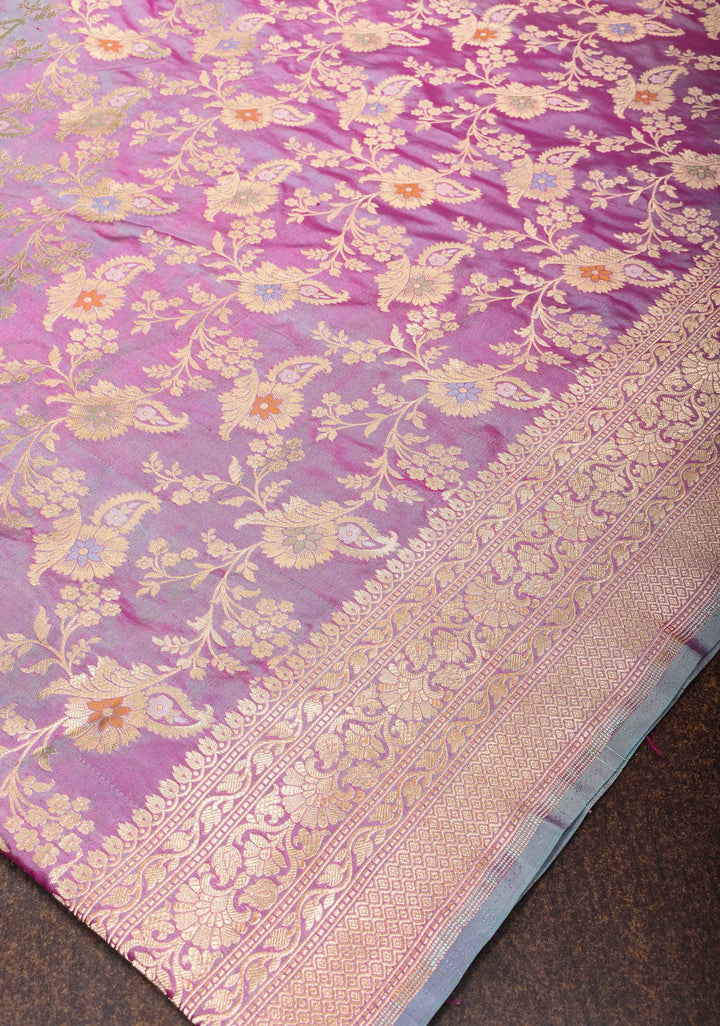 Lilac Dual Tone Katan Silk Saree with Meenakari Floral Jaal and Zari Border | SILK MARK CERTIFIED | Shobitam