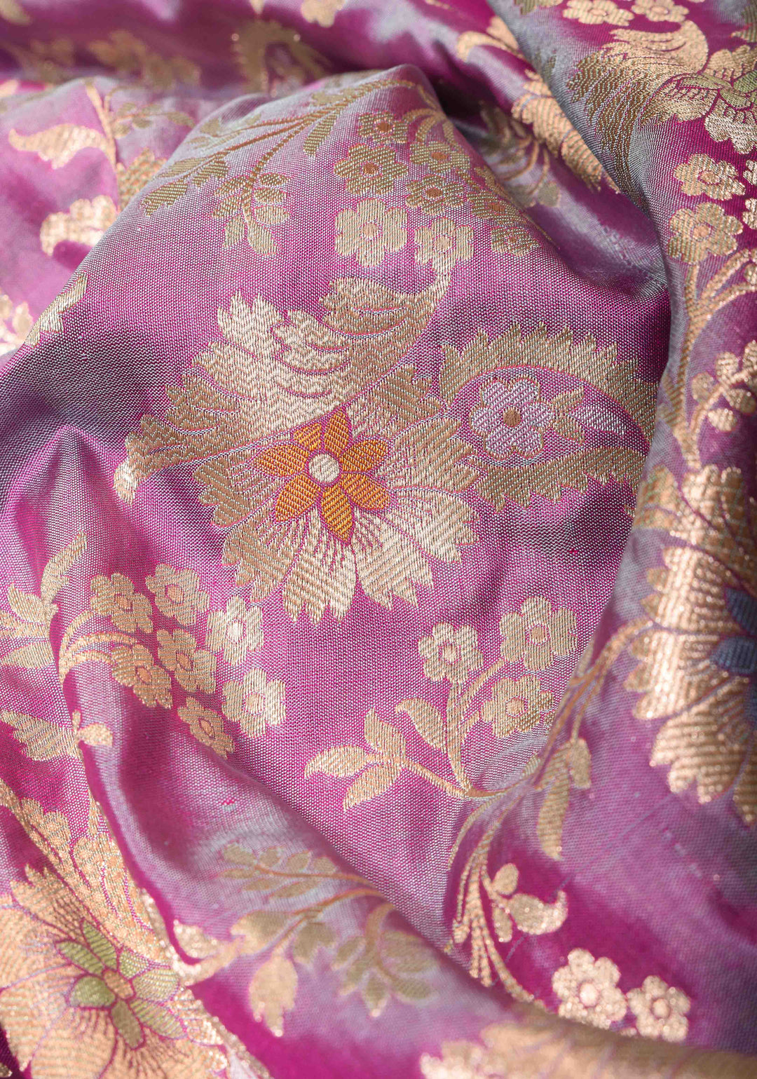 Lilac Dual Tone Katan Silk Saree with Meenakari Floral Jaal and Zari Border | SILK MARK CERTIFIED | Shobitam
