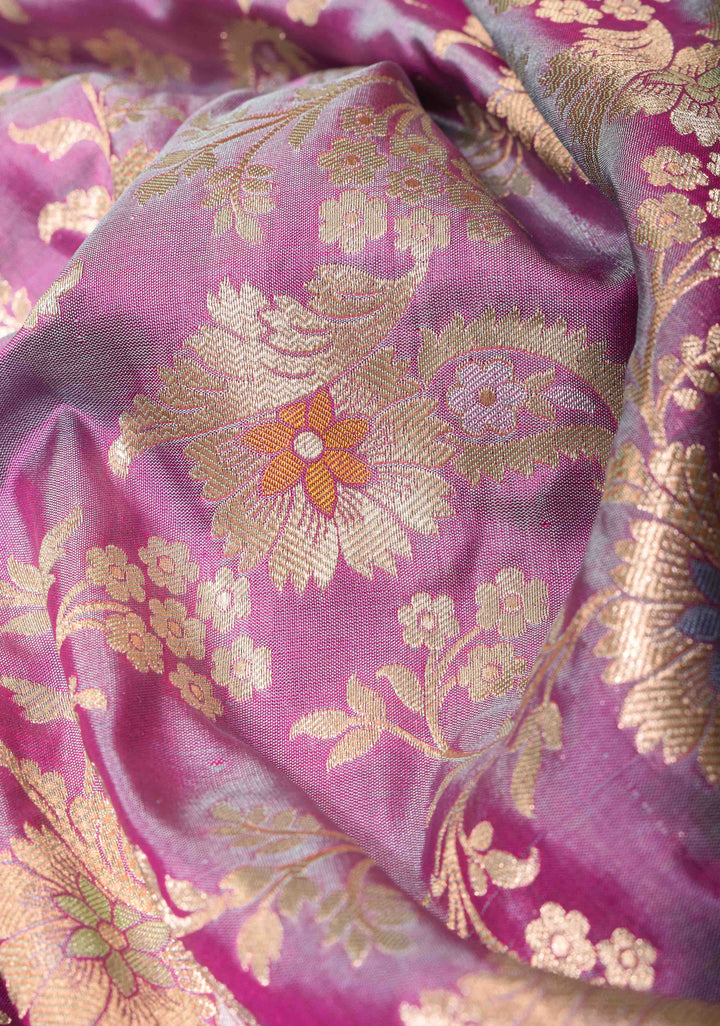 Lilac Dual Tone Katan Silk Saree with Meenakari Floral Jaal and Zari Border | SILK MARK CERTIFIED | Shobitam