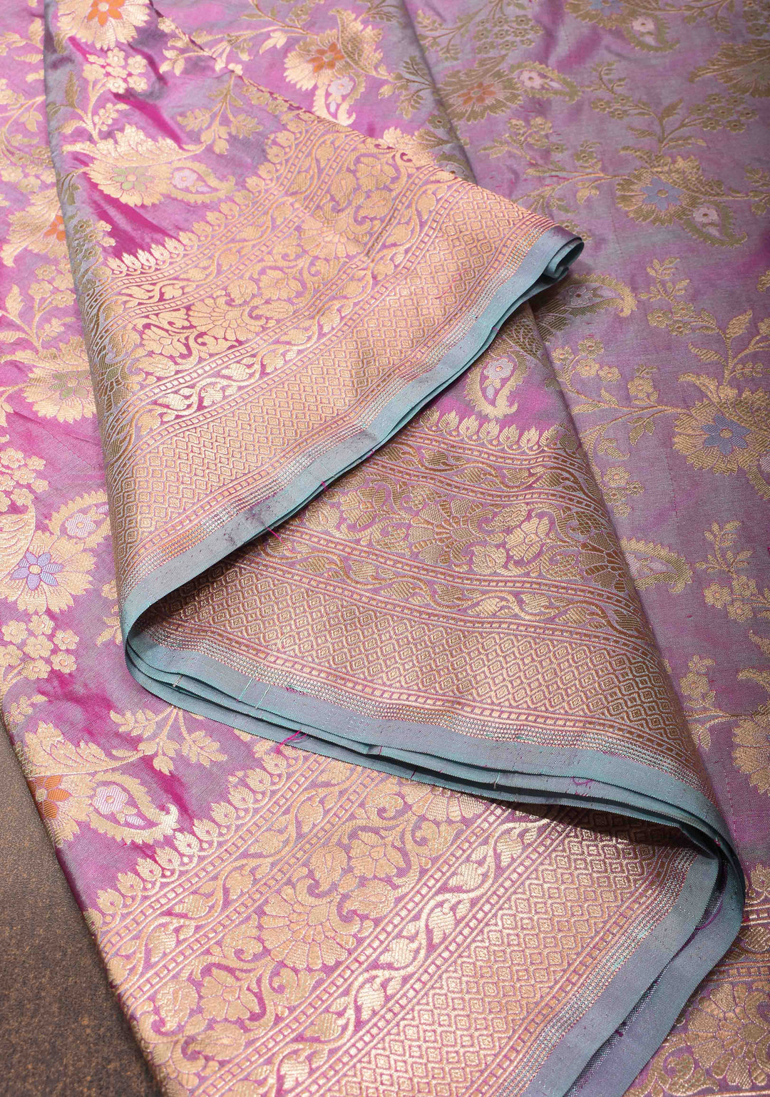 Lilac Dual Tone Katan Silk Saree with Meenakari Floral Jaal and Zari Border | SILK MARK CERTIFIED | Shobitam