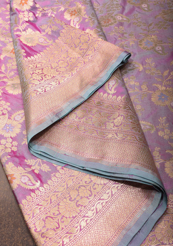 Lilac Dual Tone Katan Silk Saree with Meenakari Floral Jaal and Zari Border | SILK MARK CERTIFIED | Shobitam