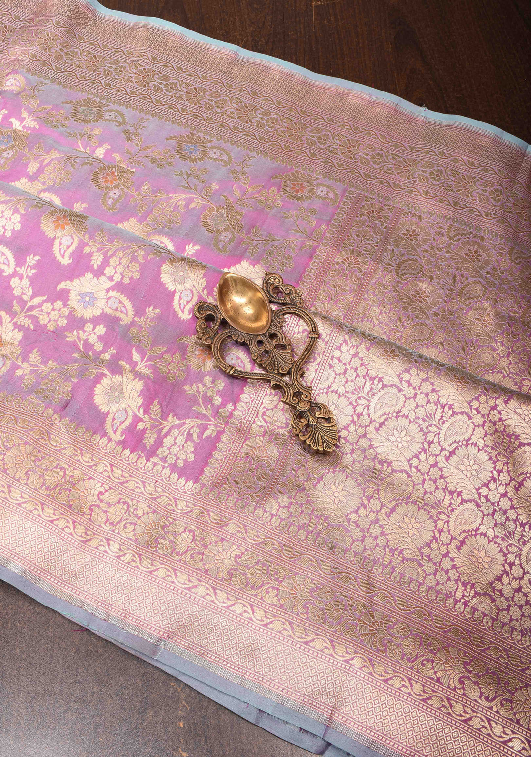 Lilac Dual Tone Katan Silk Saree with Meenakari Floral Jaal and Zari Border | SILK MARK CERTIFIED | Shobitam