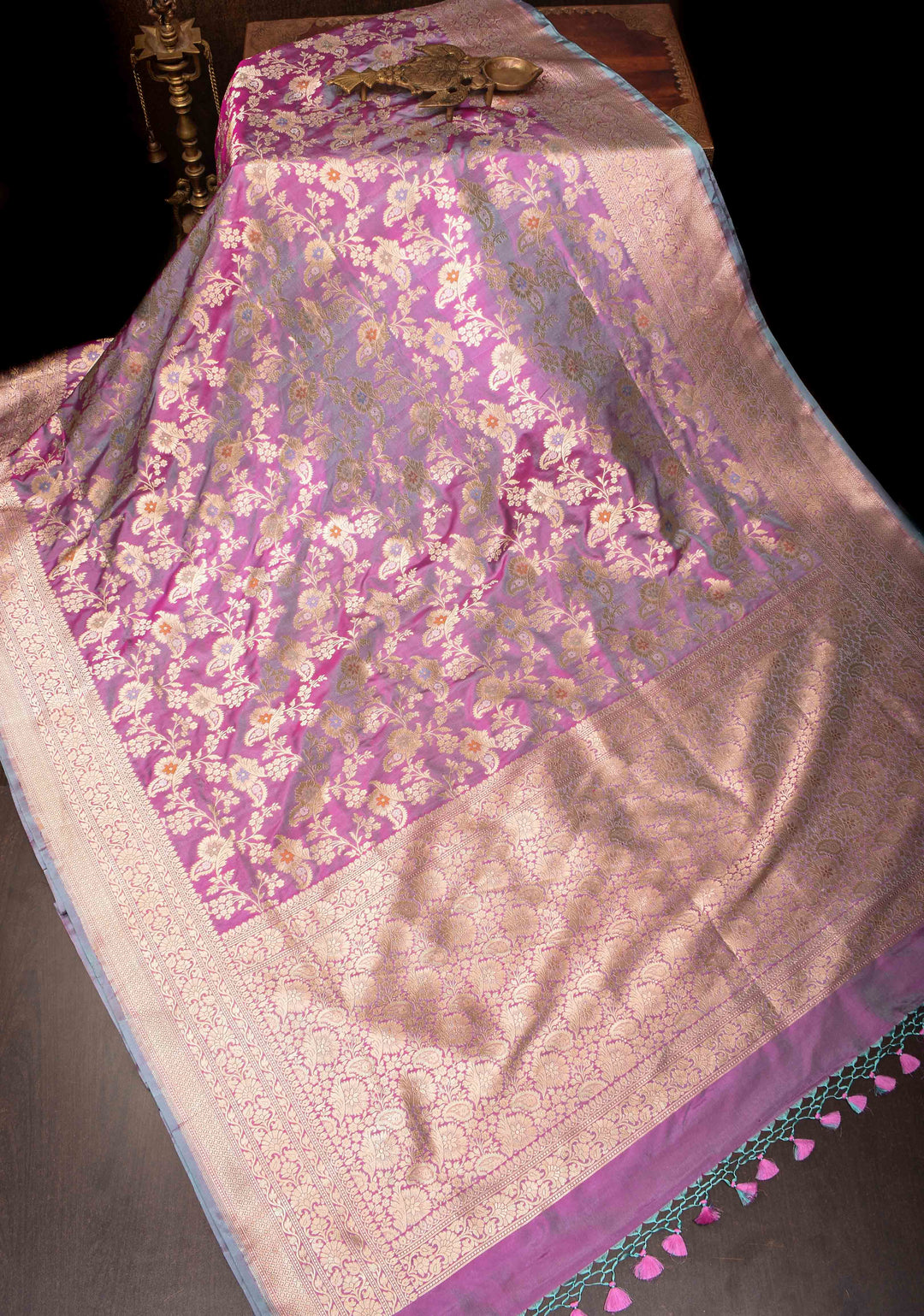 Lilac Dual Tone Katan Silk Saree with Meenakari Floral Jaal and Zari Border | SILK MARK CERTIFIED | Shobitam
