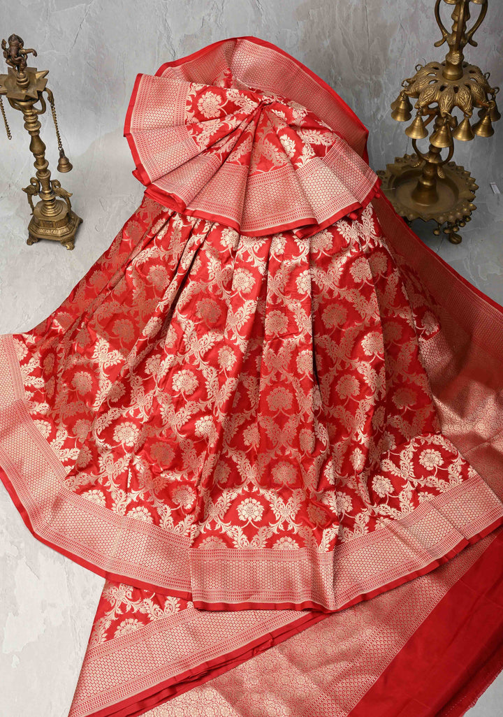 Red jaal Banarasi Katan Silk Saree with Zari Border  | SILK MARK CERTIFIED