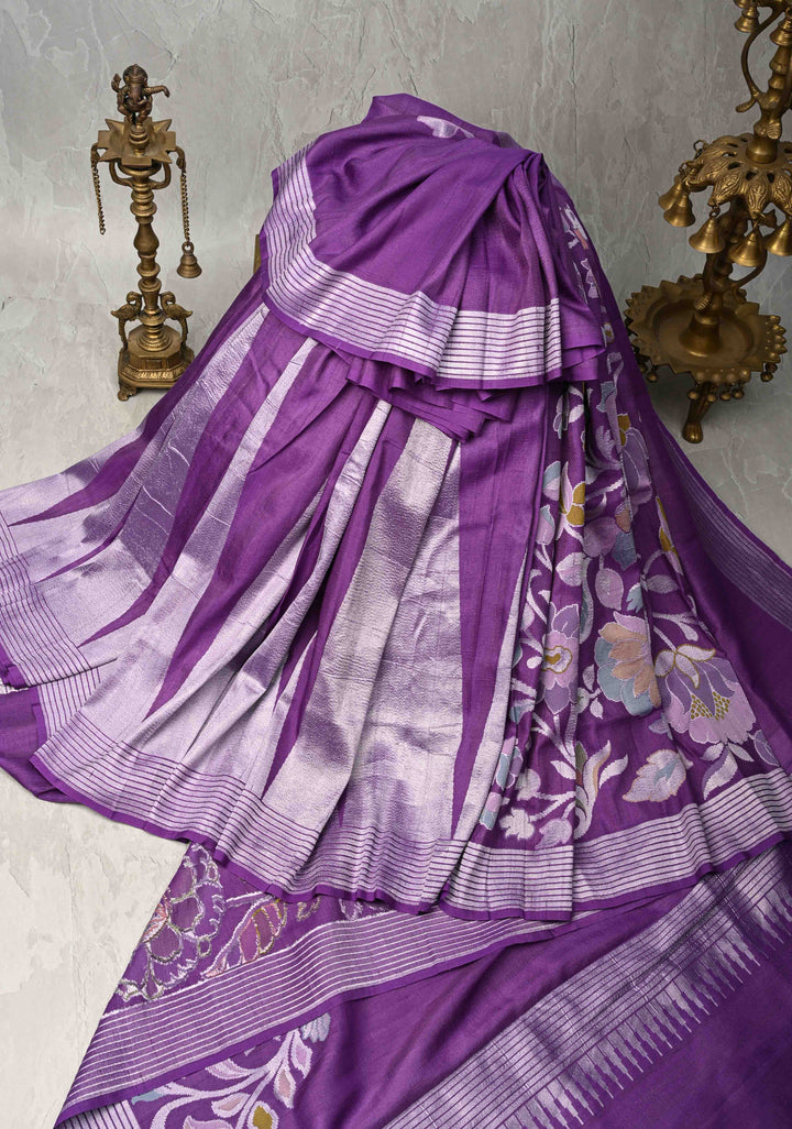 Exquisite Purple Banarasi Tussar Georgette Saree with Brush Dye Floral Design and Zari Temple Border | SILK MARK CERTIFIED | Shobitam