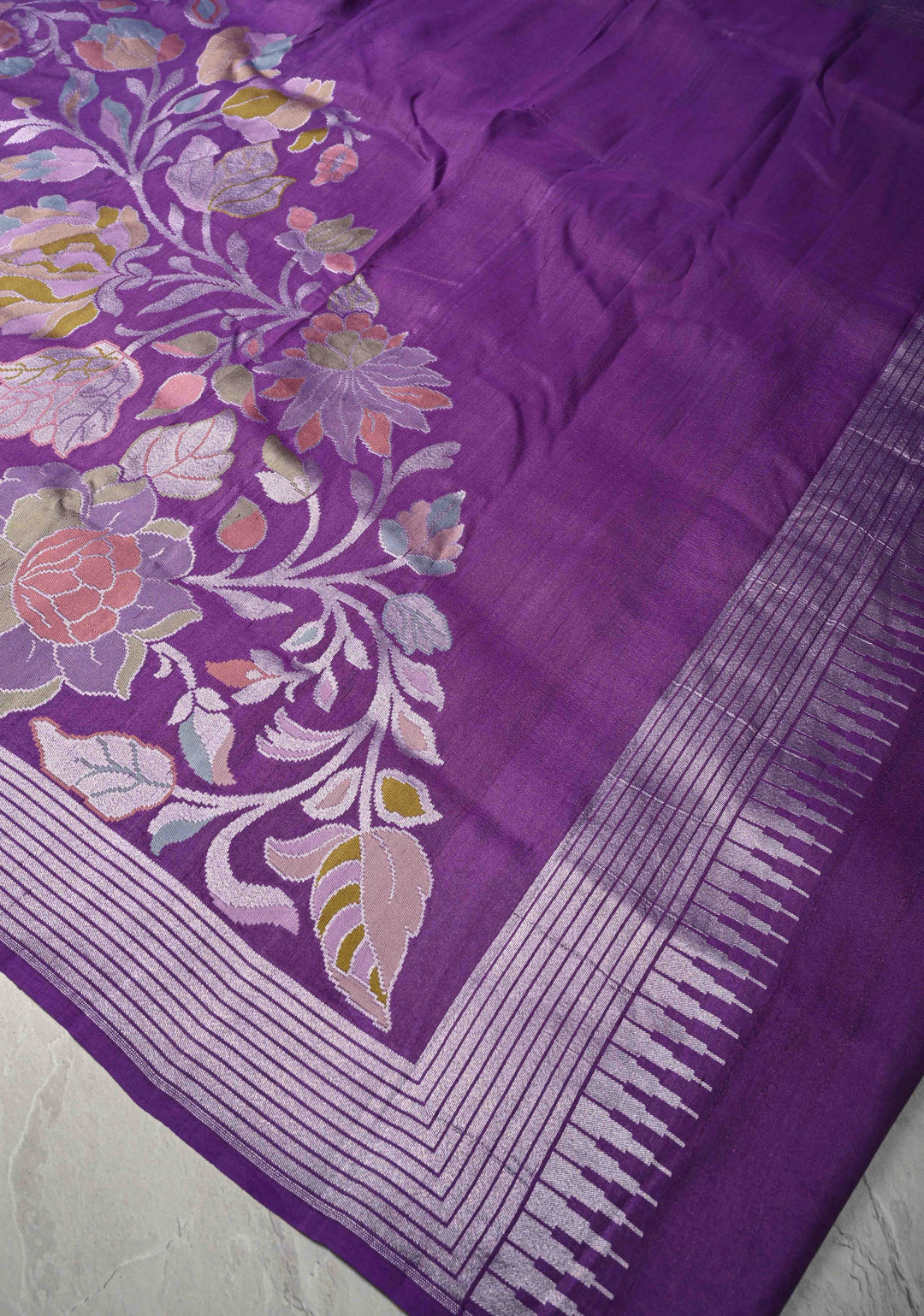 Exquisite Purple Banarasi Tussar Georgette Saree with Brush Dye Floral Design and Zari Temple Border | SILK MARK CERTIFIED | Shobitam
