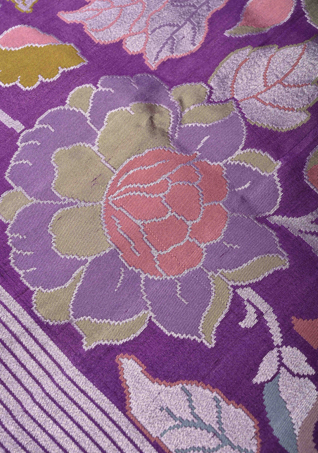 Exquisite Purple Banarasi Tussar Georgette Saree with Brush Dye Floral Design and Zari Temple Border | SILK MARK CERTIFIED | Shobitam