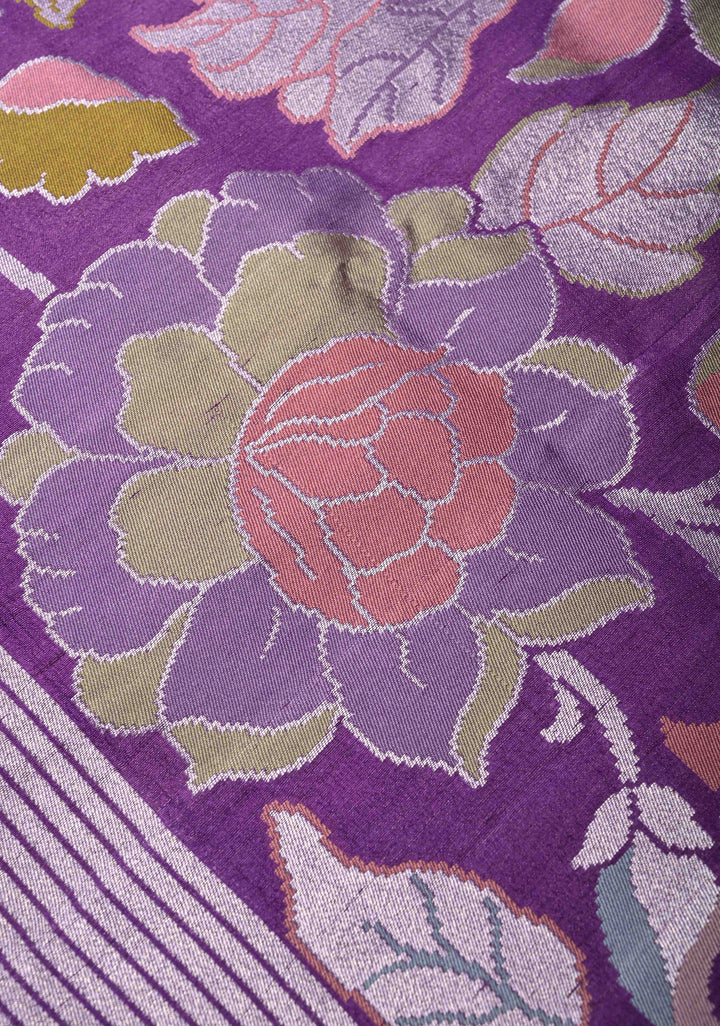 Exquisite Purple Banarasi Tussar Georgette Saree with Brush Dye Floral Design and Zari Temple Border | SILK MARK CERTIFIED | Shobitam