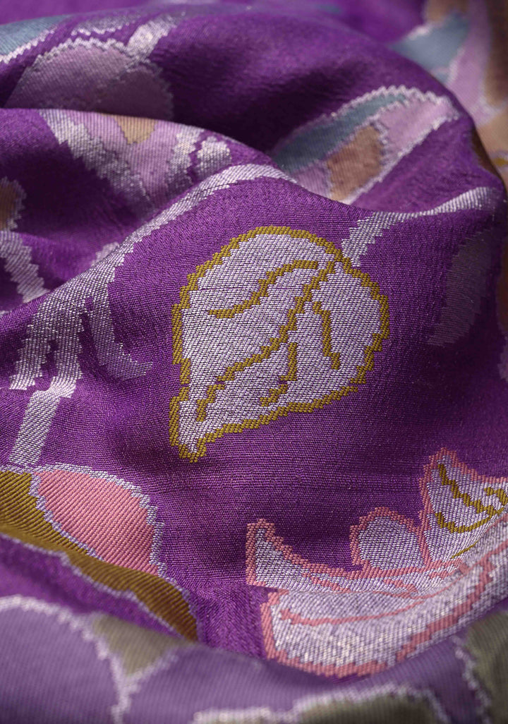 Exquisite Purple Banarasi Tussar Georgette Saree with Brush Dye Floral Design and Zari Temple Border | SILK MARK CERTIFIED | Shobitam