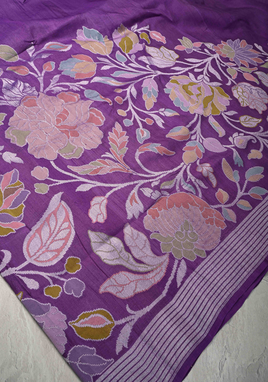 Exquisite Purple Banarasi Tussar Georgette Saree with Brush Dye Floral Design and Zari Temple Border | SILK MARK CERTIFIED | Shobitam