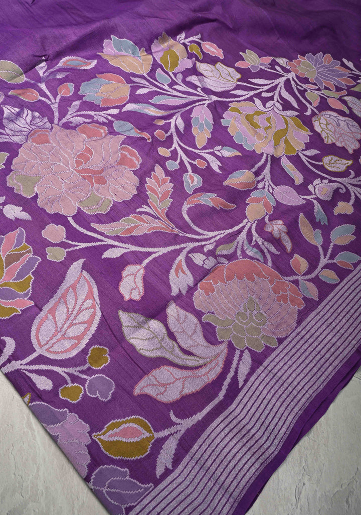 Exquisite Purple Banarasi Tussar Georgette Saree with Brush Dye Floral Design and Zari Temple Border | SILK MARK CERTIFIED | Shobitam