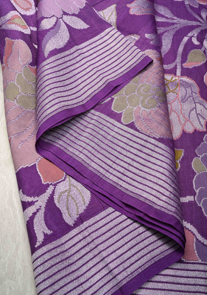 Exquisite Purple Banarasi Tussar Georgette Saree with Brush Dye Floral Design and Zari Temple Border | SILK MARK CERTIFIED | Shobitam